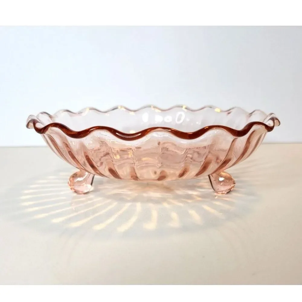 Rare Vintage 1930's Pink Depression Glass Art Deco STAR PATTERN Footed Bowl